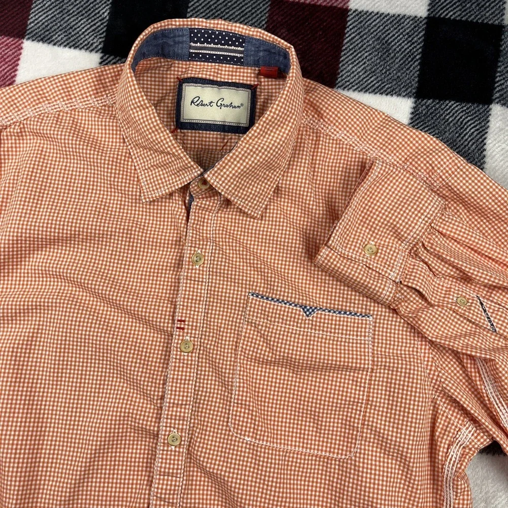 Robert Graham Shirt Mens XL Orange Gingham Tailored Fit Button Up‎ Lightweight